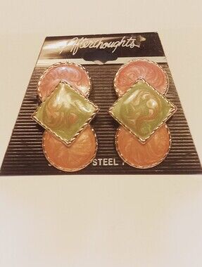 Afterthoughts Green & Coral Gold Enamel Stud Earrings Round Butterfly Closure